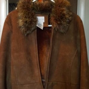 Brown suede coat faux fur neckline